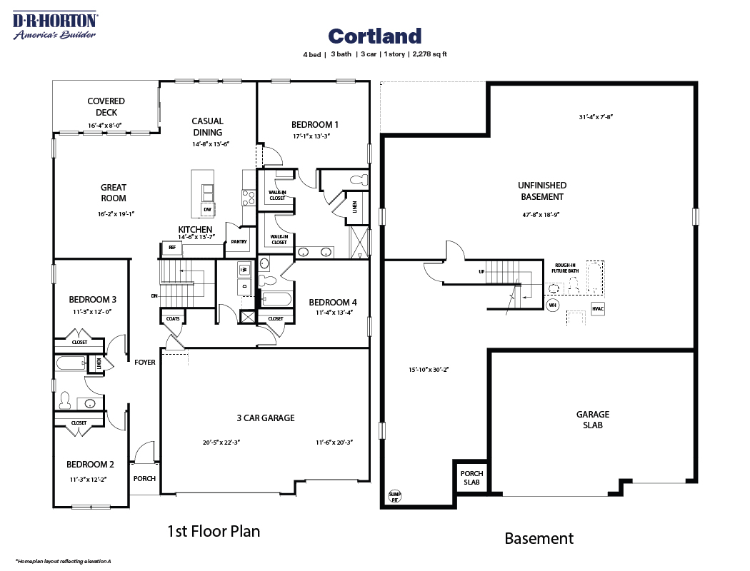 Black and white technical drawing of a cortland plan home with a basement
