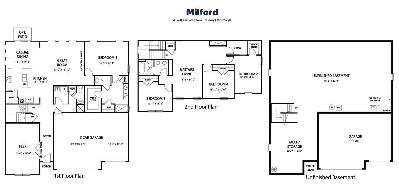 black and white technical drawing of a milford plan home with a basement