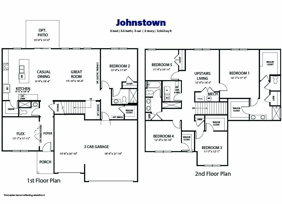 Black and white technical drawing of a Johnstown floorplan home