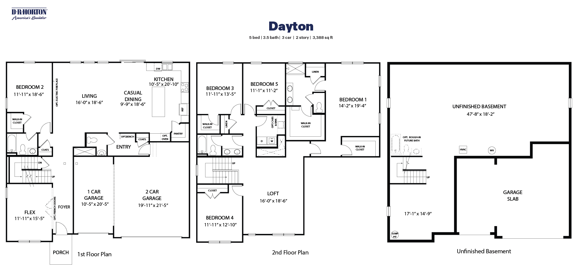 black and white technical drawing of a Dayton plan home with a basement