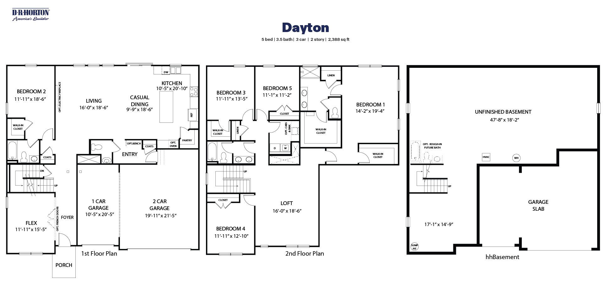 Black and white technical drawing of a dayton plan home with a basement