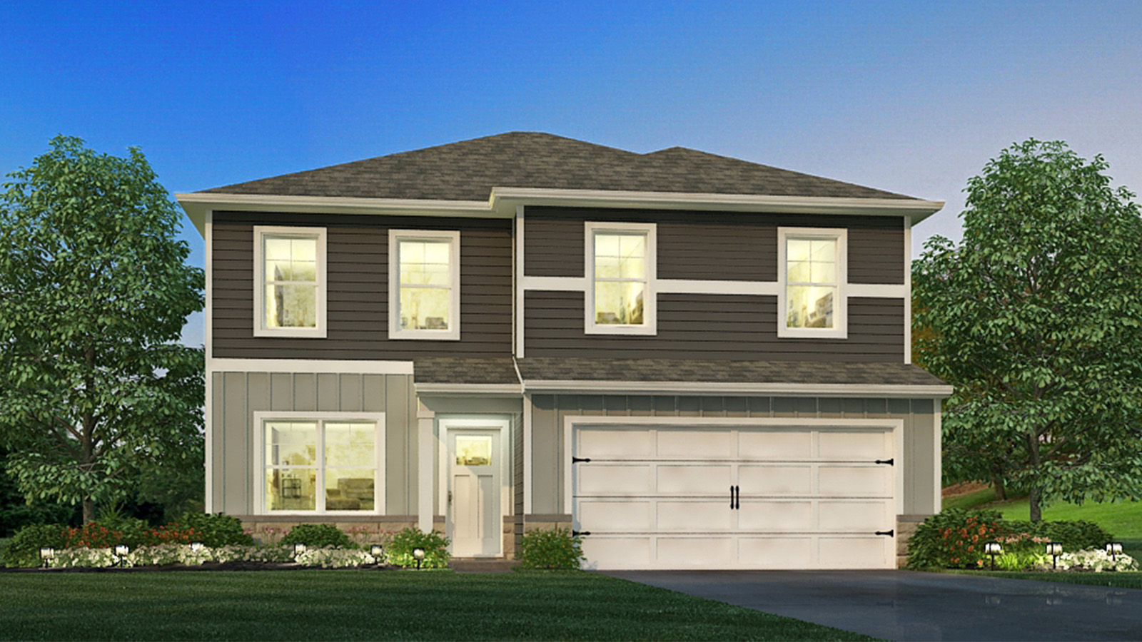 Exterior dark grey two-story home with stone detailing