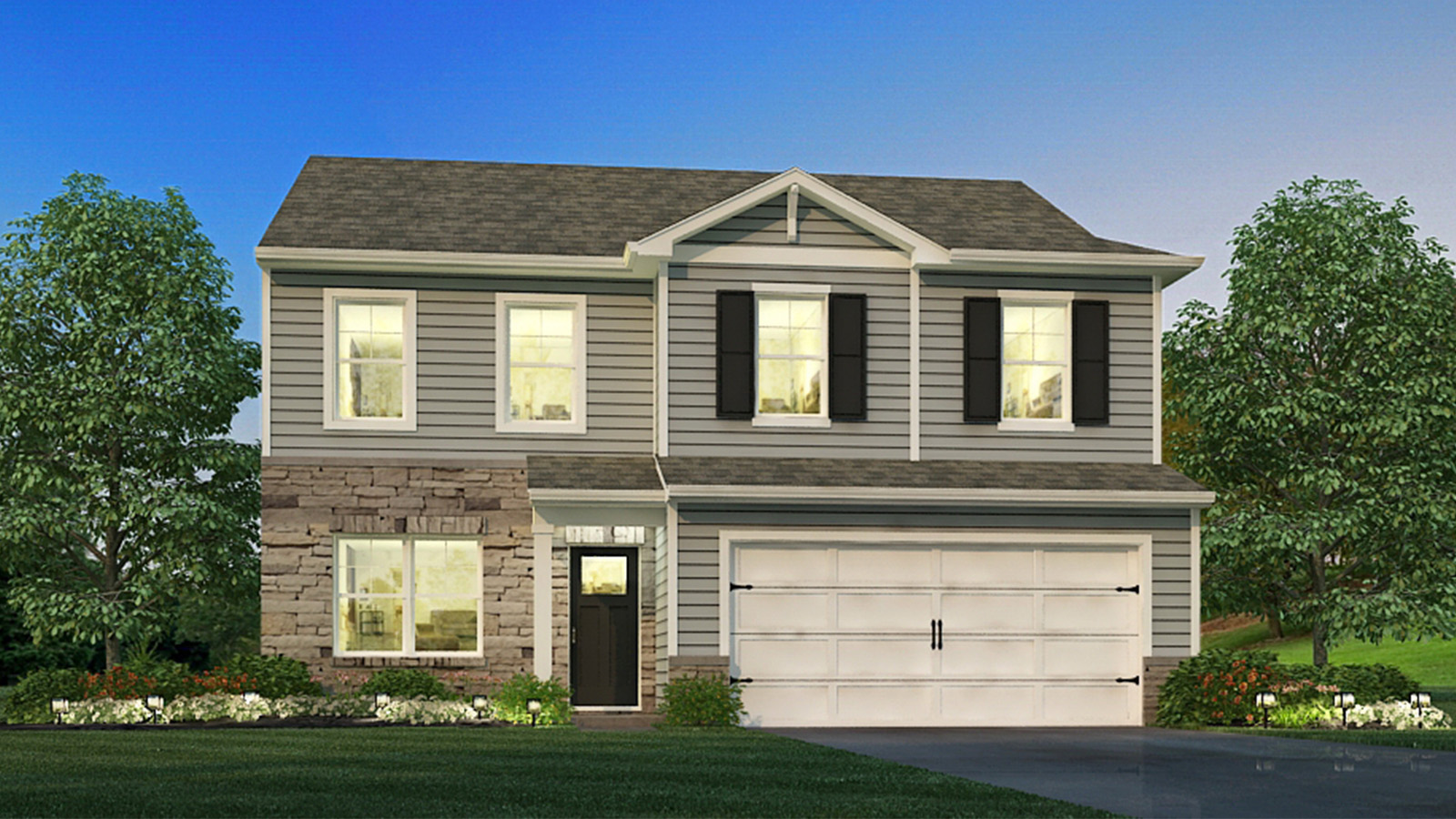 Exterior grey two story home with stone detailing