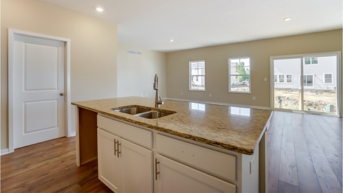 kitchen island and great room with rear sliding door