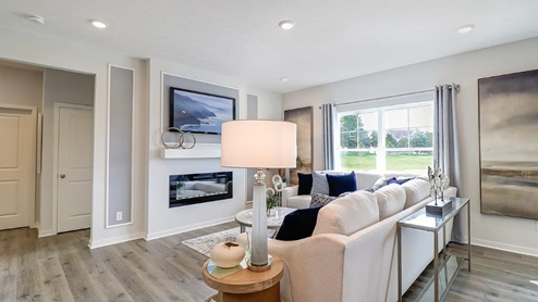 great room with couch and electric fireplace