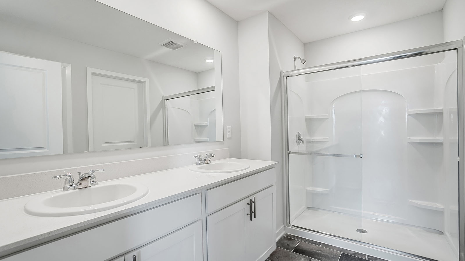 Bathroom with dual sinks and a walk in shower.