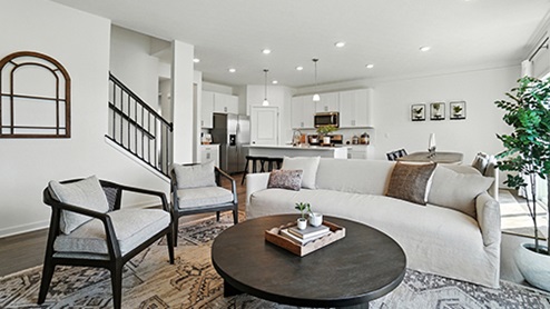Bright Great Room with neutral contemporary furniture.