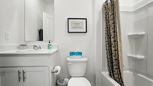 Bathroom with white cabinets and graphic shower curtain