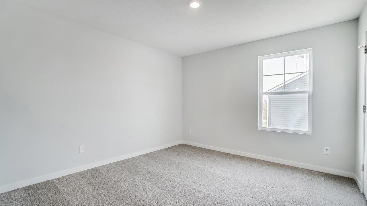 bedroom with grey carpet, grey walls and a window