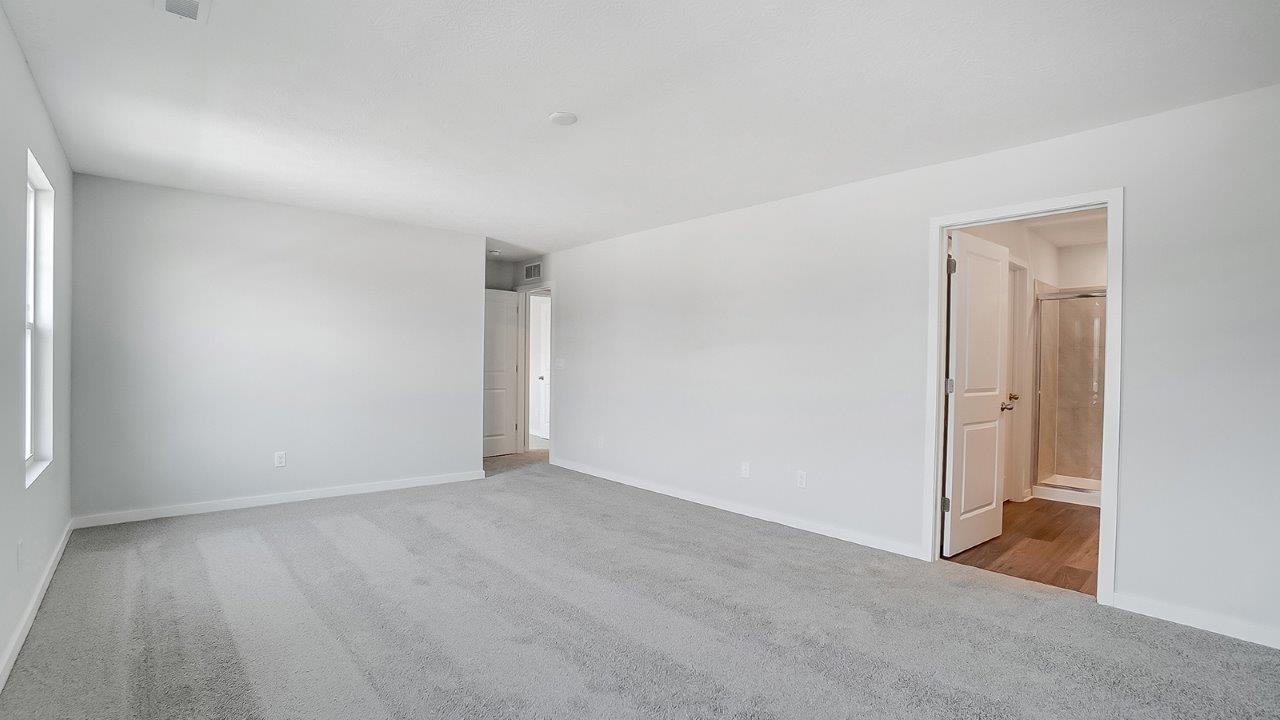 bedroom with grey carpet, grey walls and a window