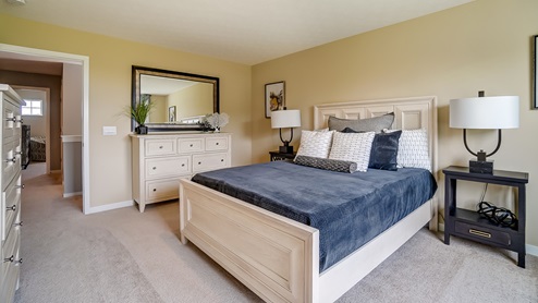 primary bedroom king bed, nightstand and dresser