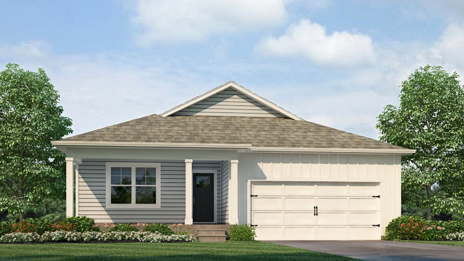 Front view of a newly constructed single-family home with attached garage.