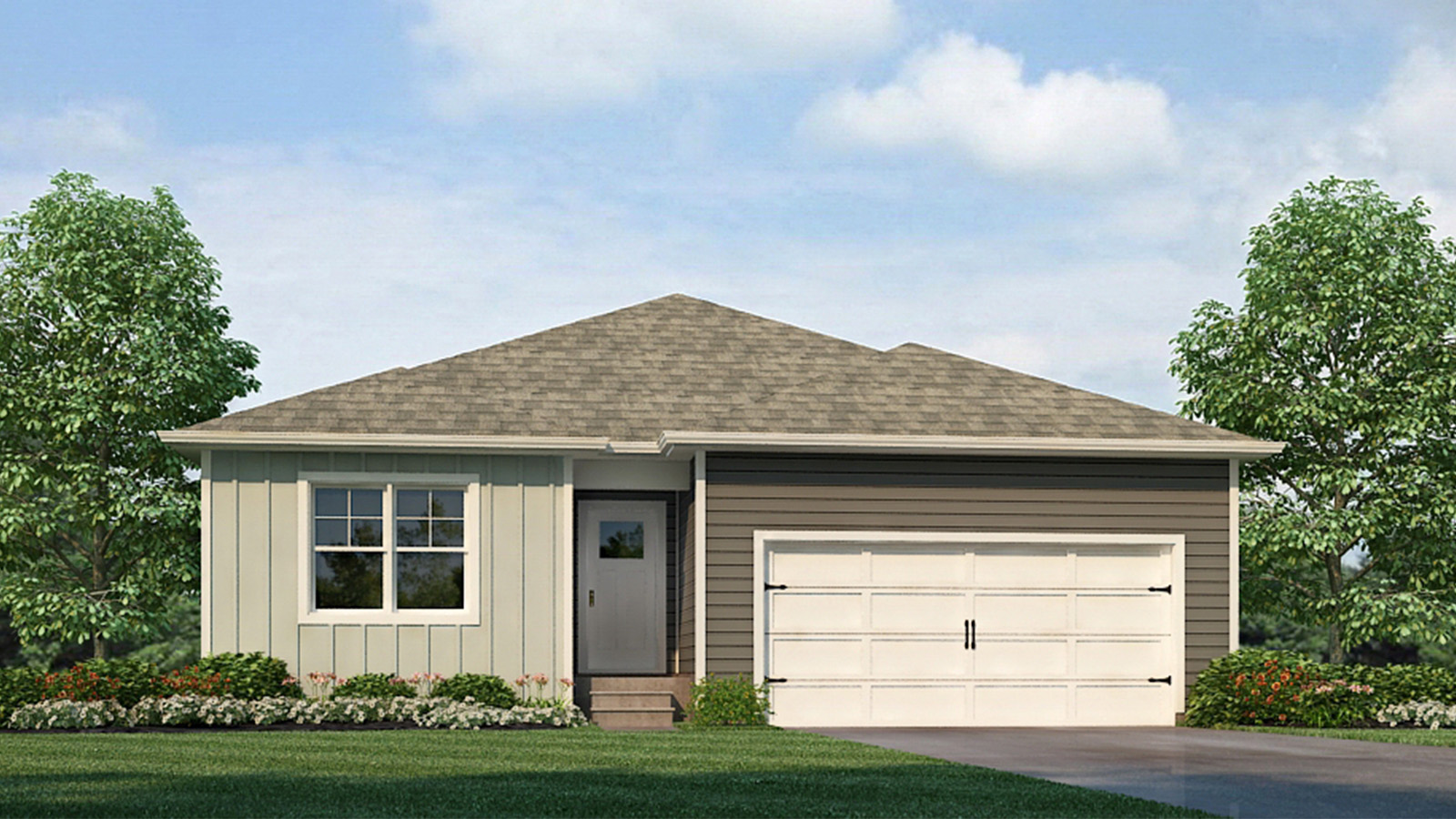 One story home with two car garage and paved driveway.C rendering