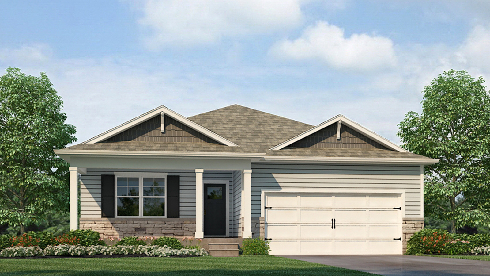 One story home with two car garage and paved driveway.