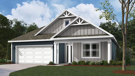 Single story new build home with a neutral exterior and a two car garage.