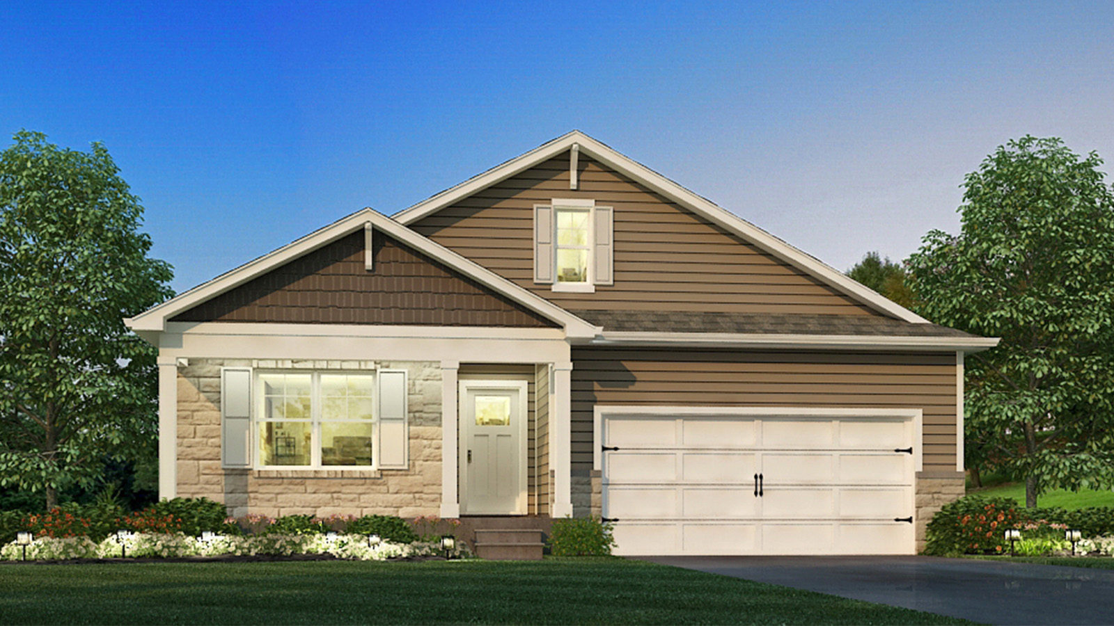 Modern suburban home with neutral exterior and attached garage.