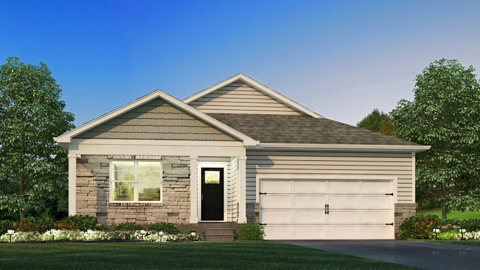 Modern suburban home with neutral exterior and stone accents.