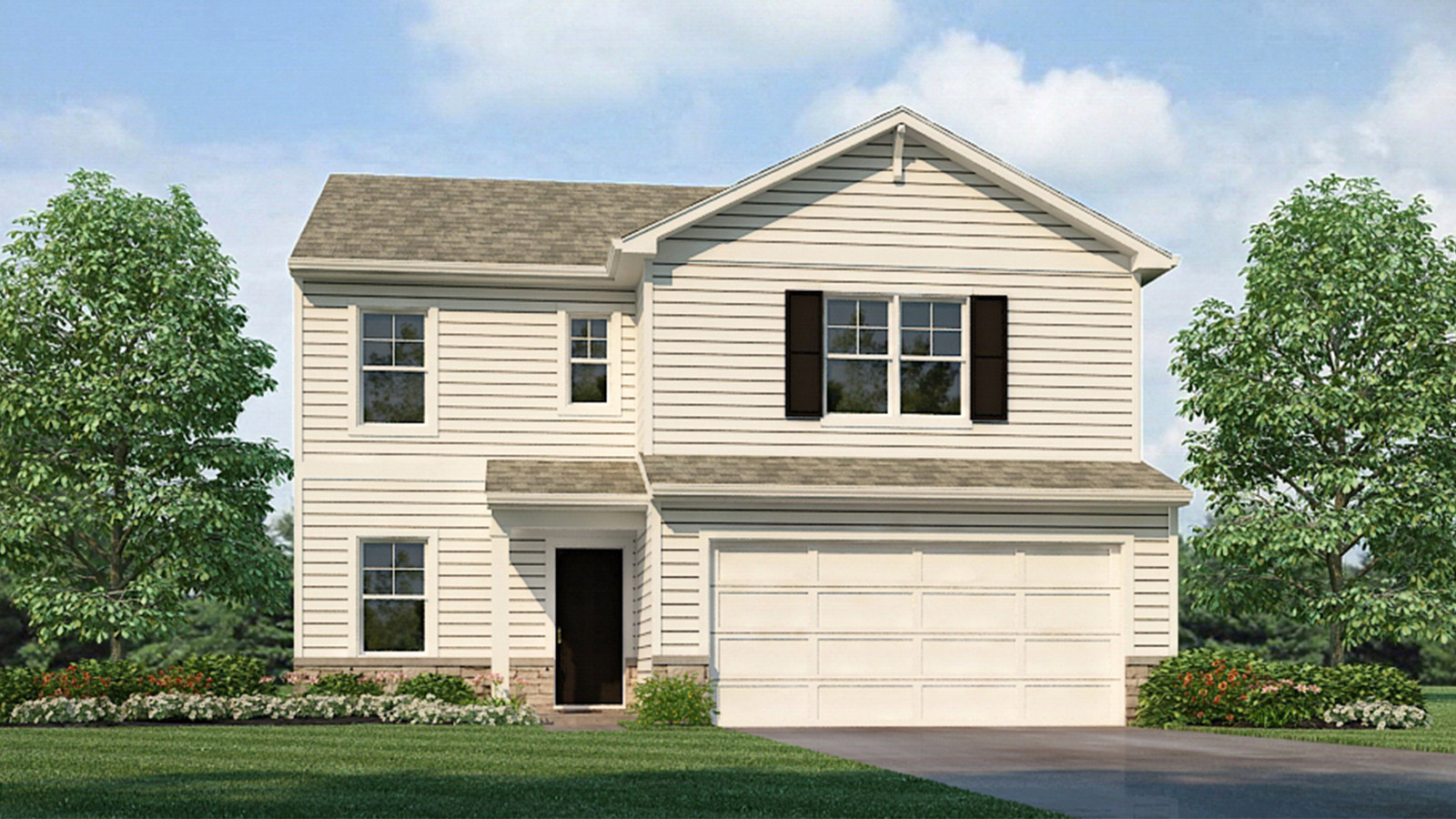 Two story new build home with neutral exterior and a two car garage.