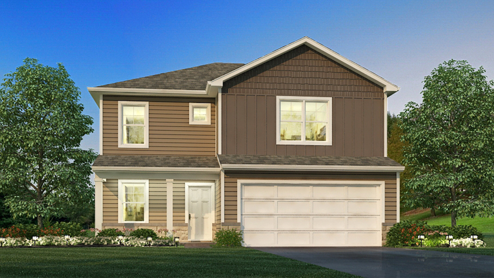 Modern suburban home with neutral exterior and attached garage.