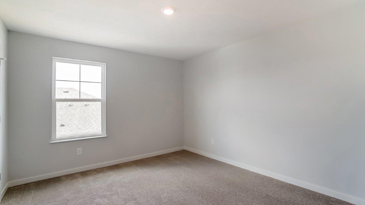 Bedroom with neutral walls, carpet, and a window.