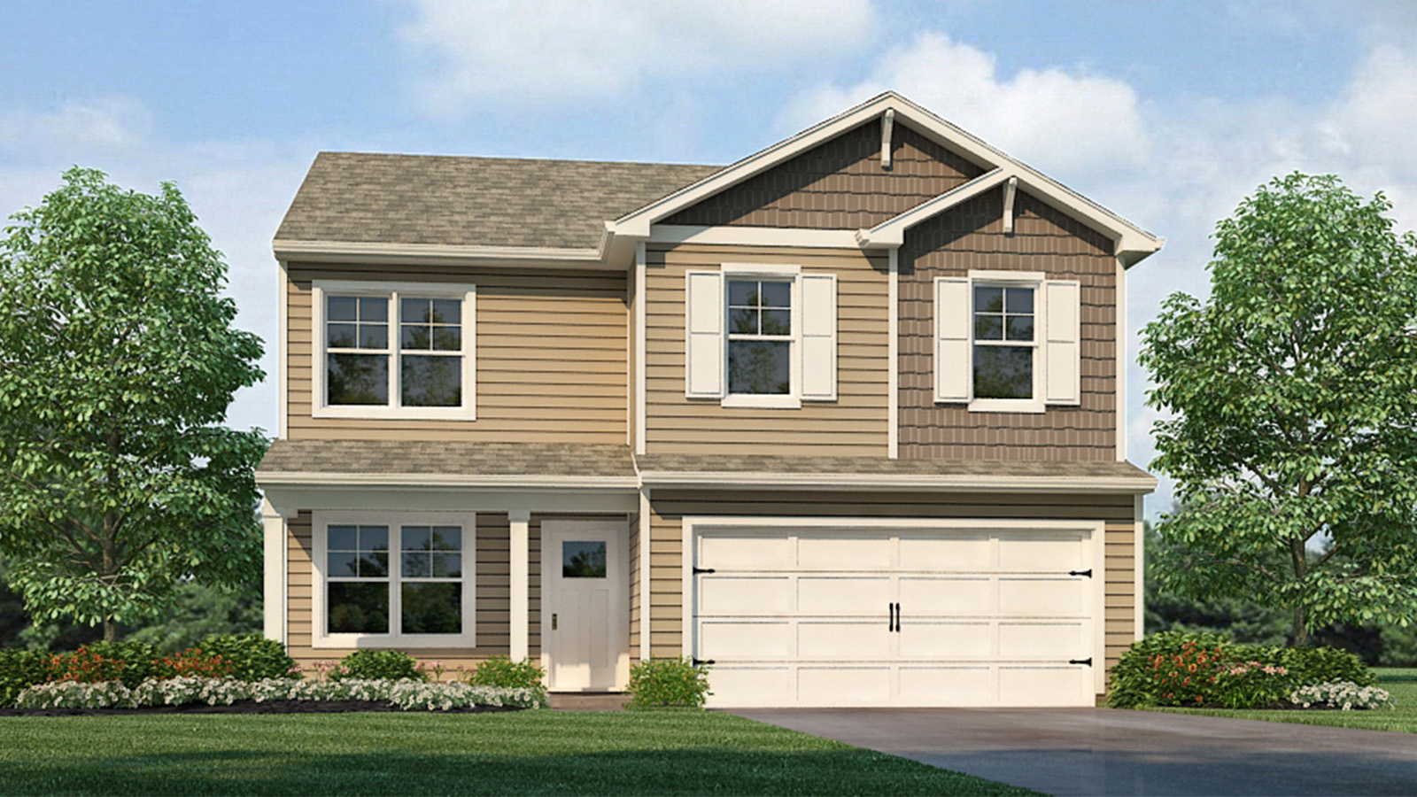 Front view of a newly constructed single-family home with attached garage.
