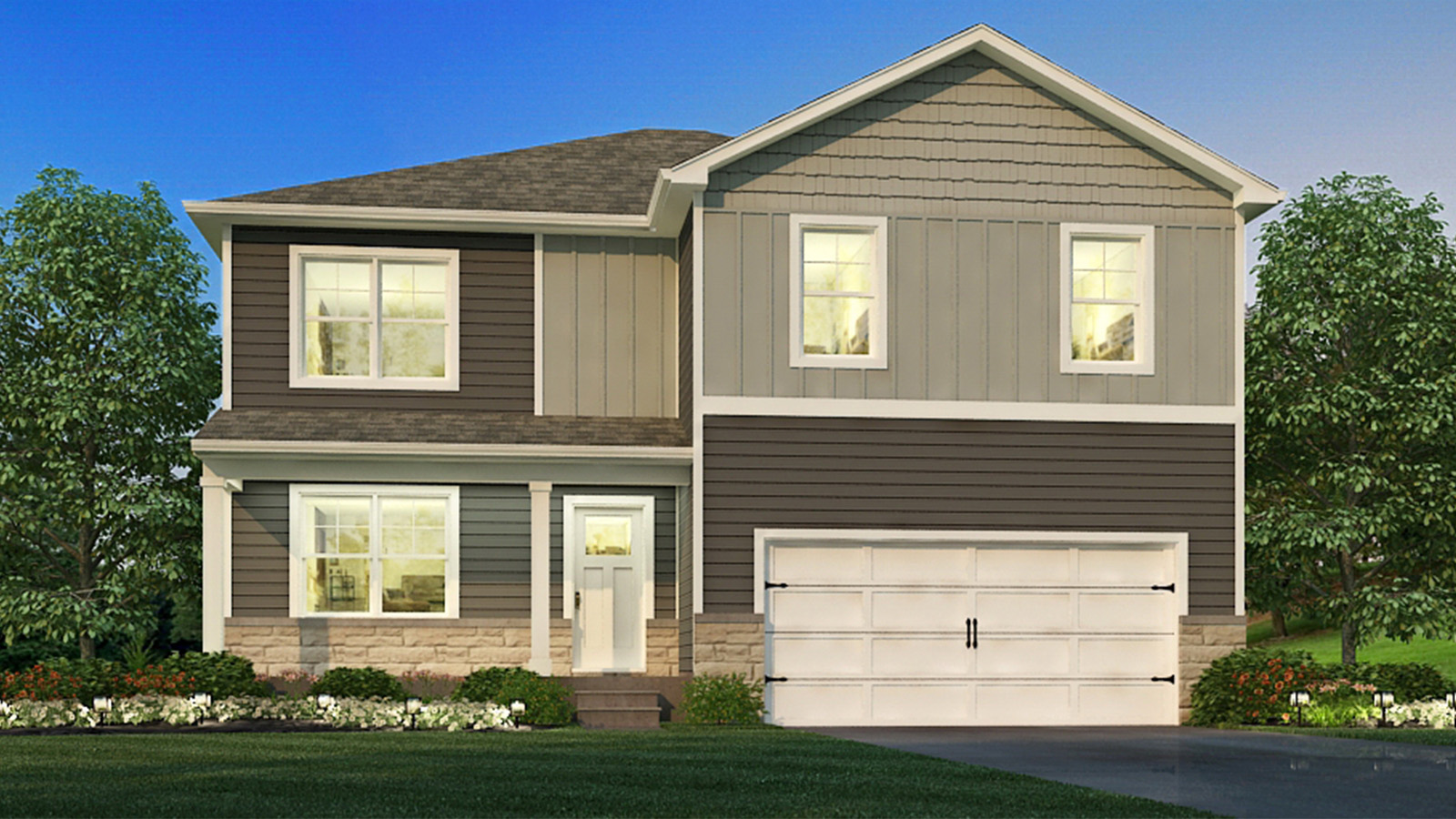 Modern suburban home with neutral exterior and attached garage.
