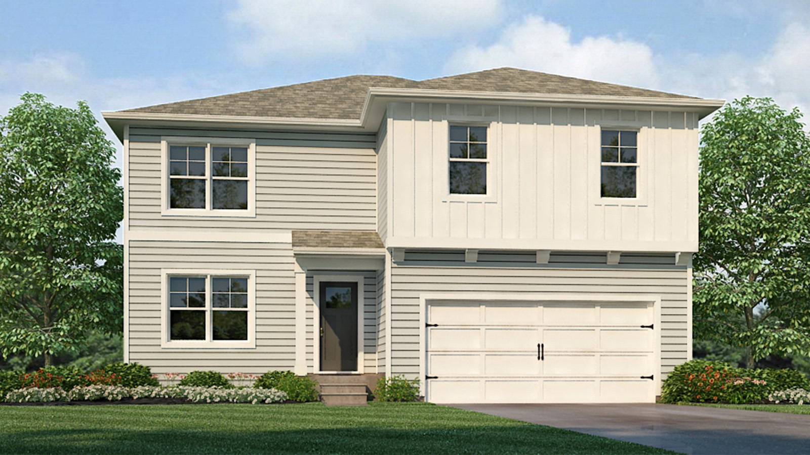 Front view of a newly constructed single-family home with attached garage.