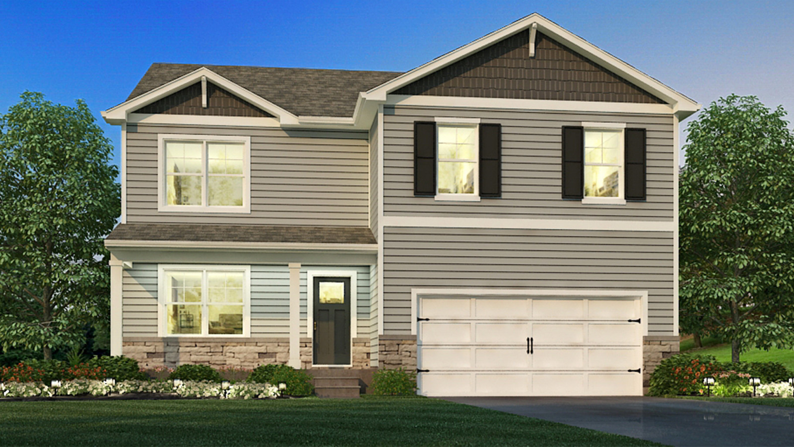 Two story new build home with neutral exterior and a garage.