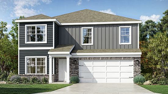 Front view of a newly constructed single-family home with attached garage.