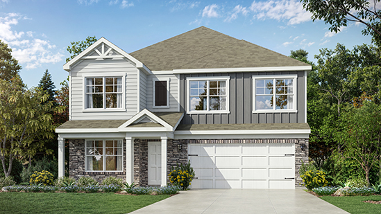 Two story new build home with neutral exterior and a two car garage.