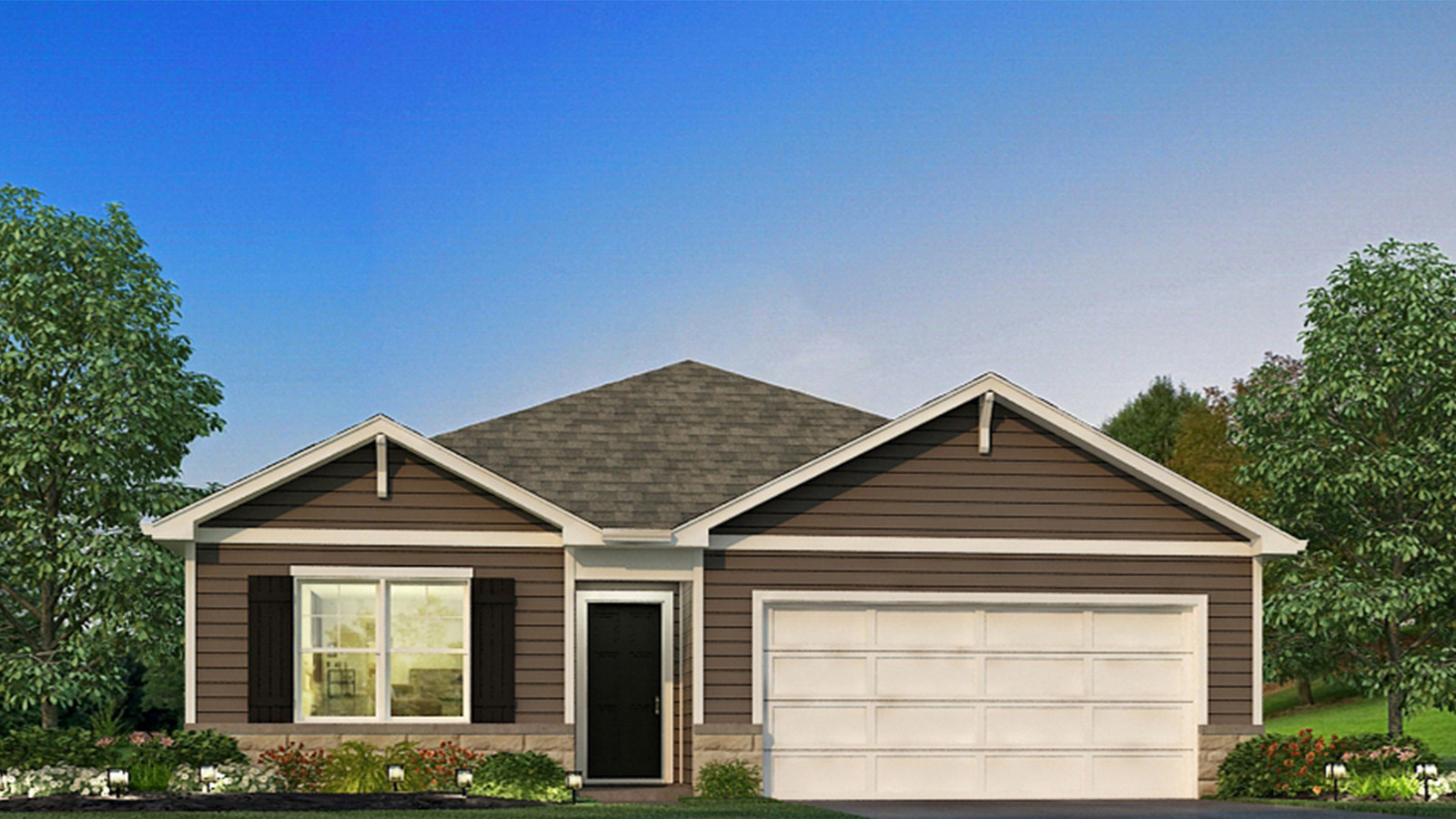 Single story new build home with a neutral exterior and a two car garage.B rendering