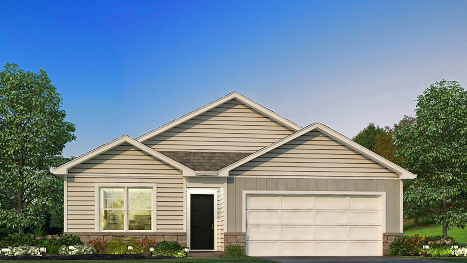 One story home with two car garage and paved driveway.