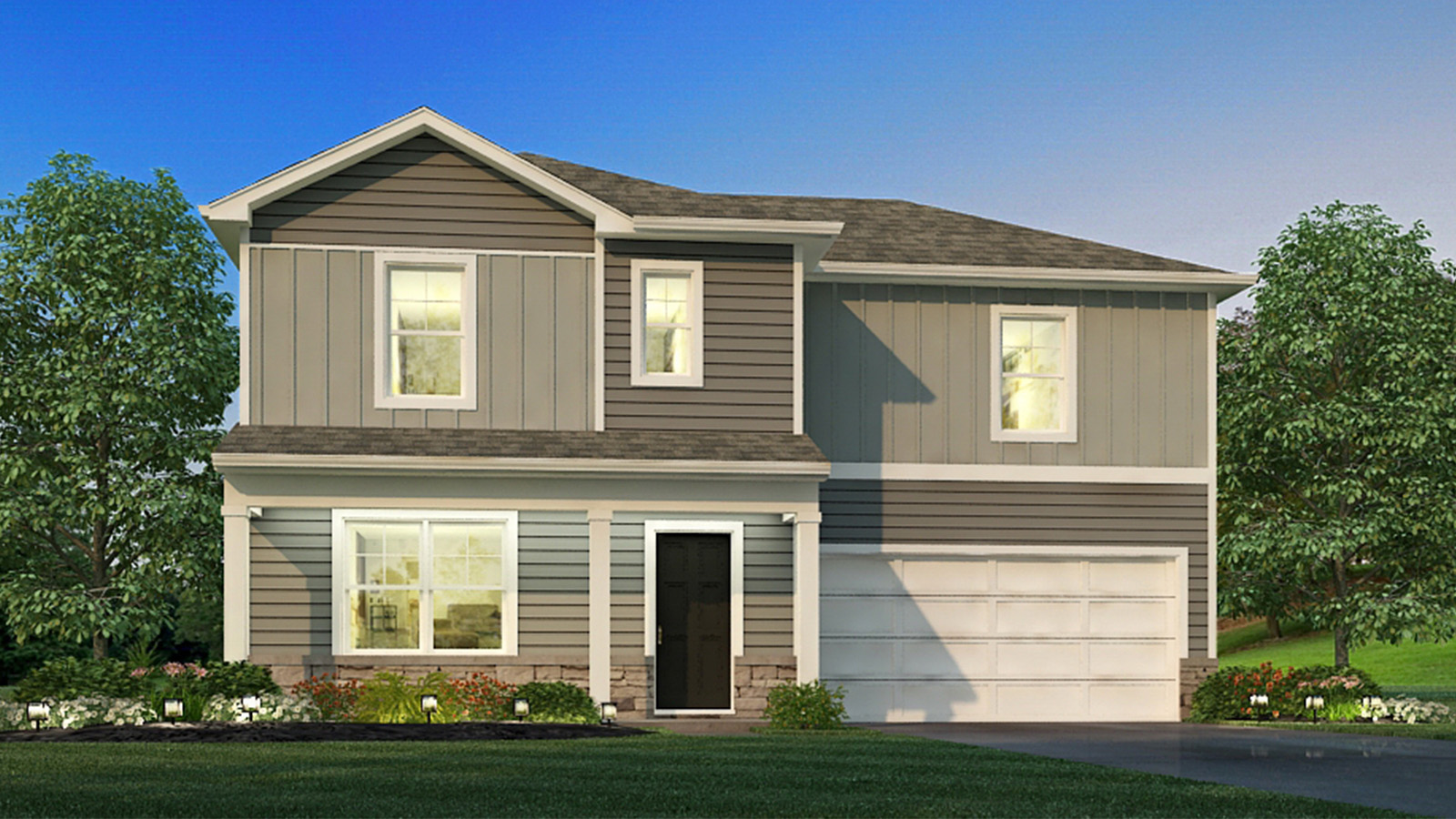 Front view of a newly constructed single-family home with attached garage.