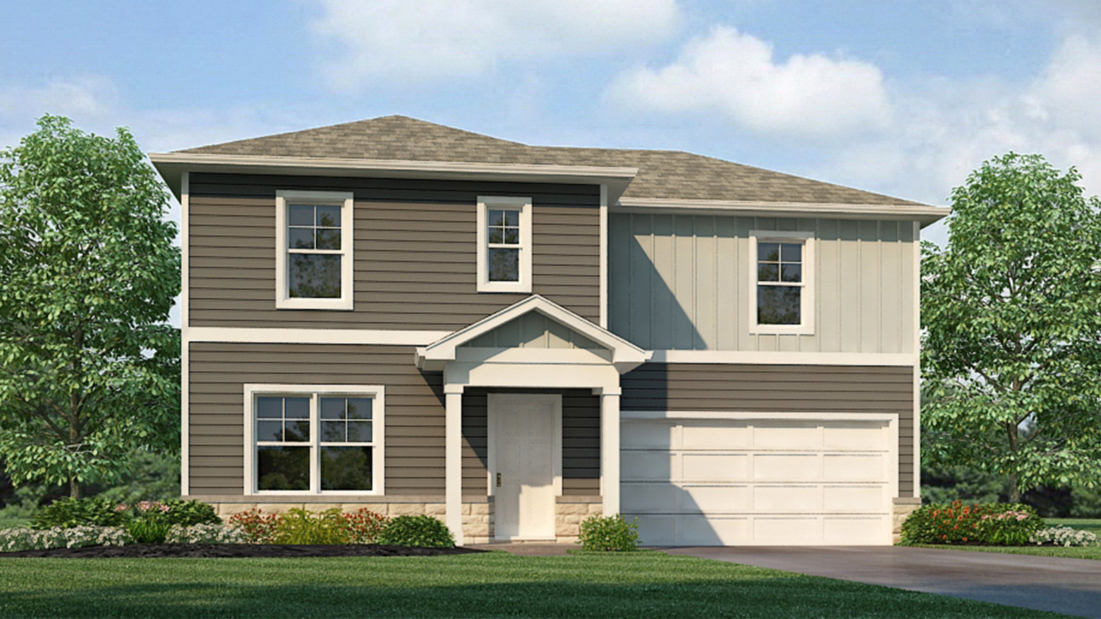 Modern suburban home with neutral exterior and attached garage.