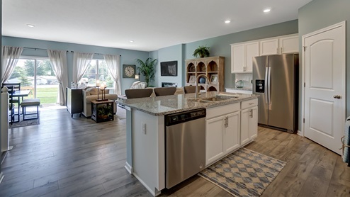kitchen island and great room