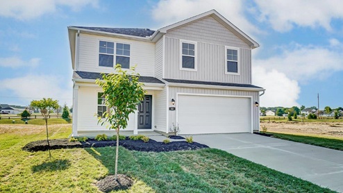two story home with white siding, covered front porch and two car garage