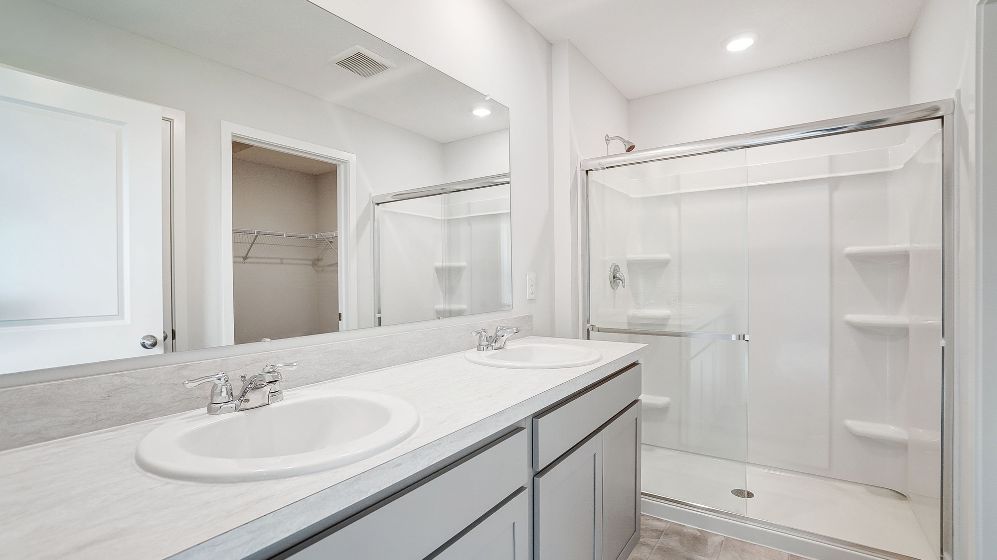 ensuite bath with double vanity, walk in shower