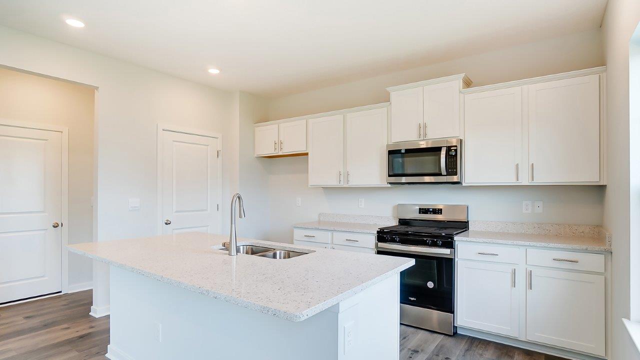 kitchen with white cabinets, built in island, stainless steel appliances and walk in pantry