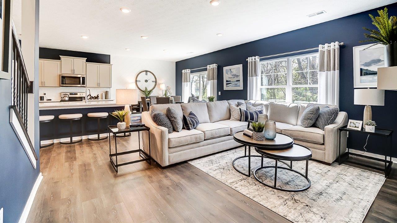 furnished great room, kitchen and dining