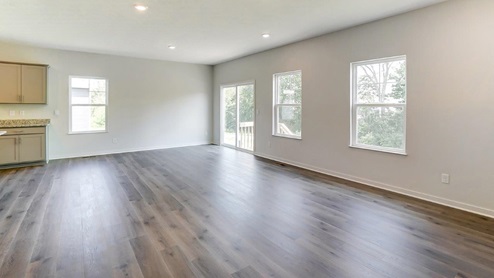great room with single windows and rear sliding door