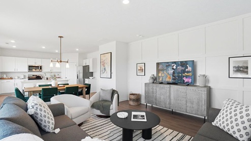 furnished great room, dining and kitchen