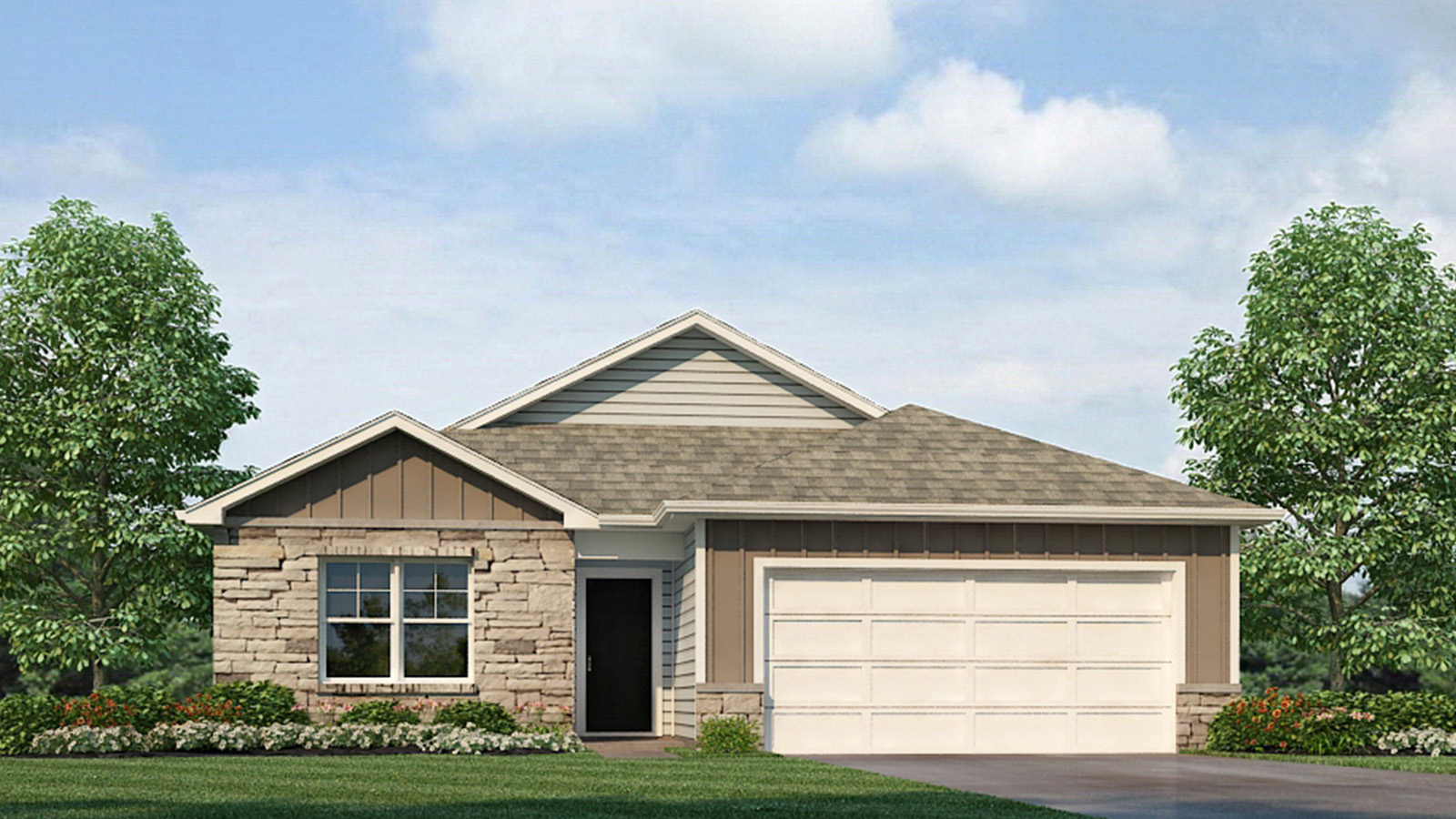Harmony C rendering Columbus, OH, Lansdown Farms By D.R. Horton one-story 3-bedroom, 2-bath, two-car garage, grass front
