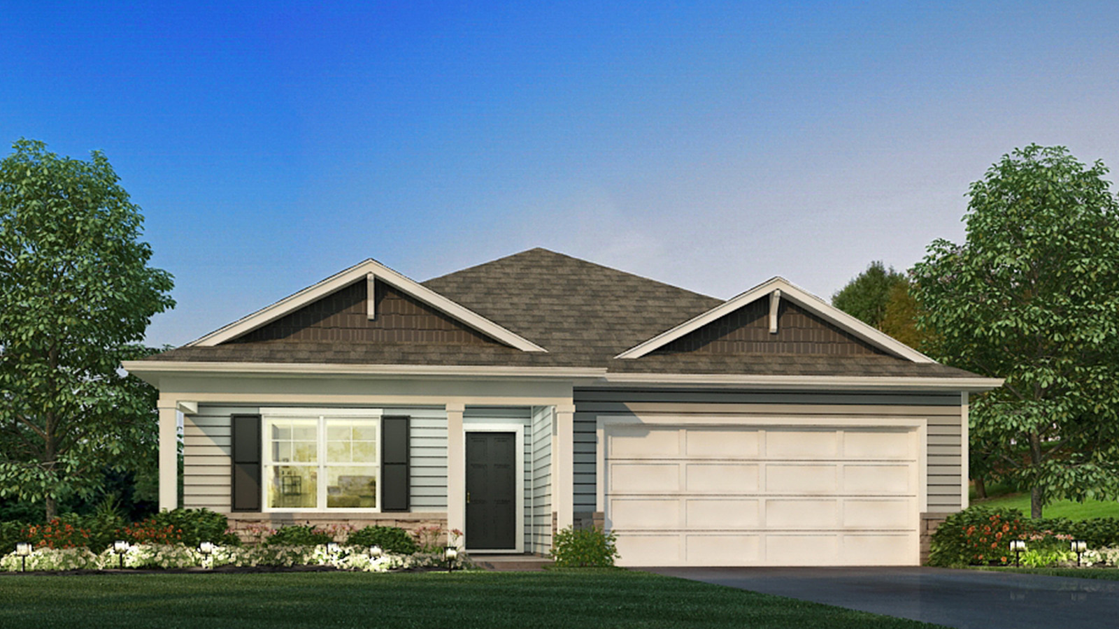 Harmony D rendering Columbus, OH, Lansdown Farms By D.R. Horton one-story 3-bedroom, 2-bath, two-car garage, grass front