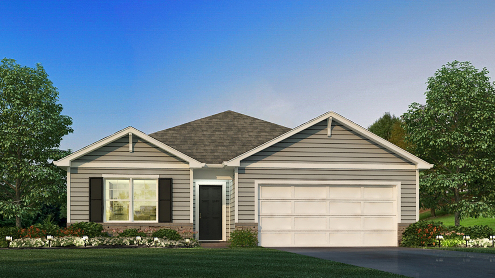 Chatham A Columbus, OH, Lansdown Farms By D.R. Horton one-story 3-bedroom, 2-bath, two-car garage, grass front