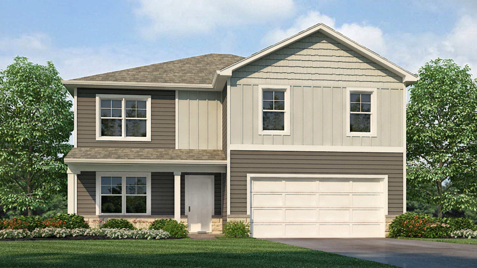 Henley D rendering, Columbus, OH, Lansdown Farms By D.R. Horton two-story 5-bedroom, 3-bath, two-car garage, green grass