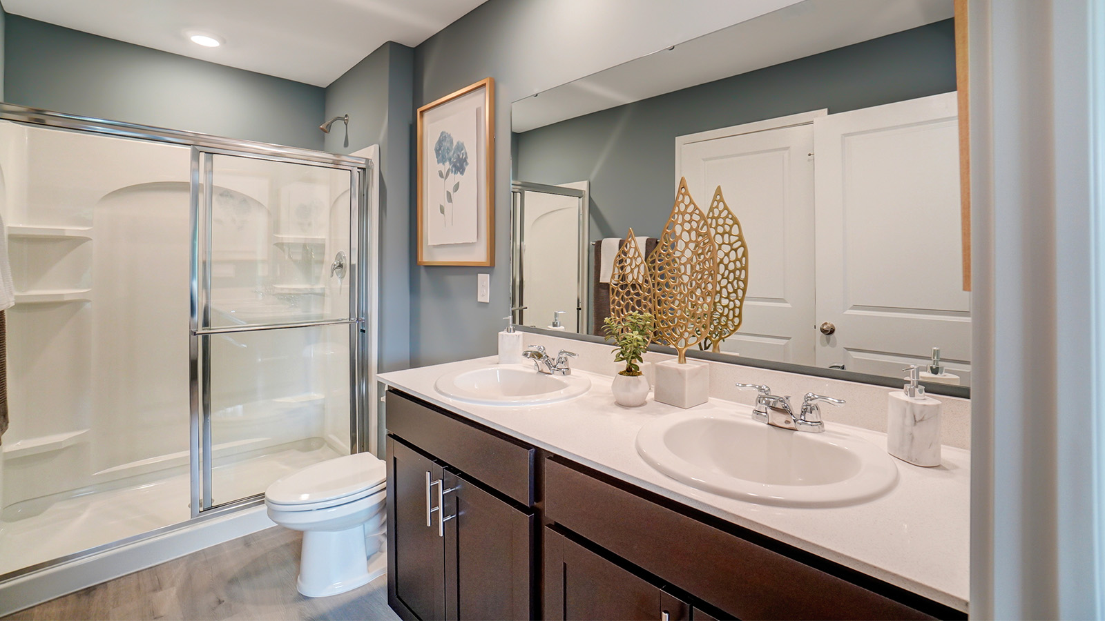 ensuite bath with double vanity, walk in shower