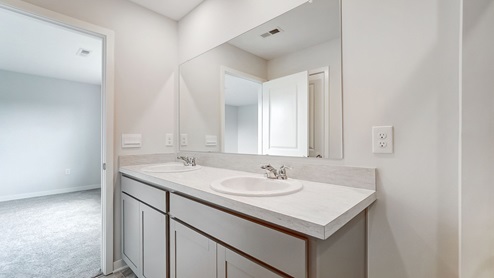 ensuite double vanity with grey cabinets