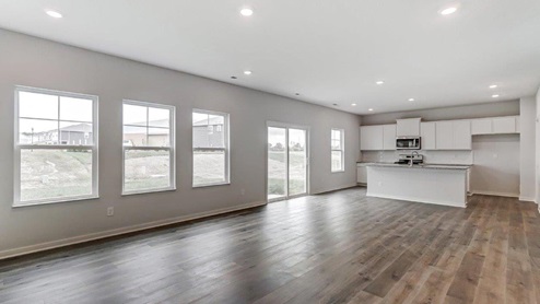 great room with single windows, rear sliding door and kitchen