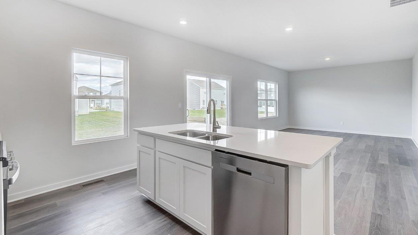 kitchen island and great room