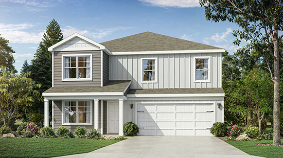 Front exterior of a Stamford floorplan home featuring grey siding, and a 2 car garage